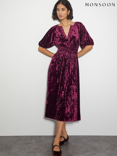 Roșu - Monsoon Valle Mânecă bufantă Velvet Midi Rochie (AW9970) | 354 LEI