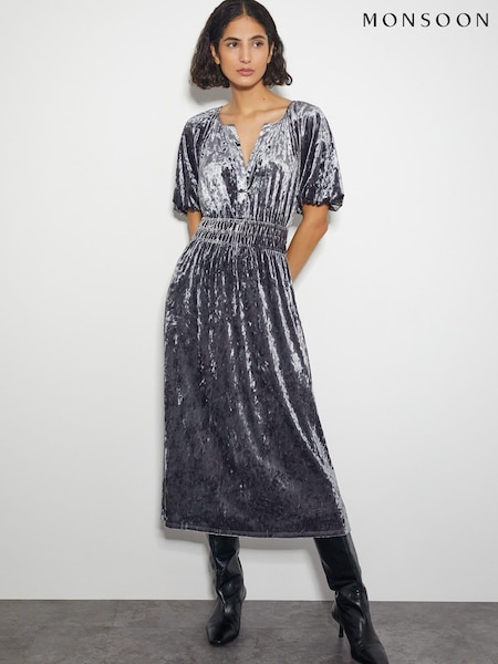Monsoon Grey Valle Puff Sleeve Velvet Midi Dress (AW9973) | 294 QAR