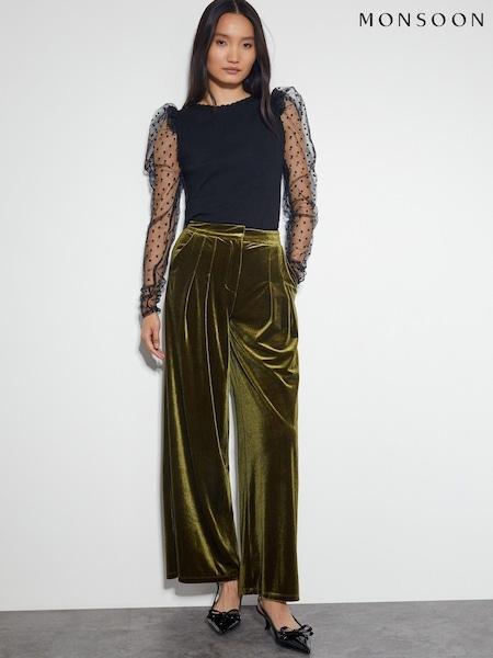 Verde - Monsoon Valery Evazat Velvet Pantaloni (AW9985) | 271 LEI