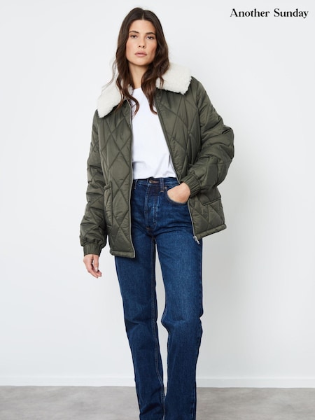 Another Sunday Diamond Quilted Bomber Jacket With Removable Borg Collar (AY0060) | 312 LEI