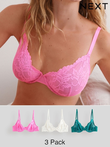 Cream/Pink/Green Non Pad Full Cup Lace Bras 3 Pack (AY0318) | €48