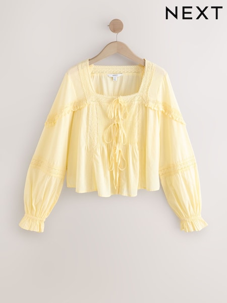 Yellow 100% Cotton Prairie Style Long Sleeve Blouse with Adjustable Tie (AY0479) | €46
