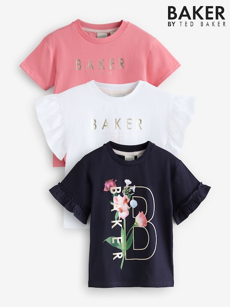 Azul marino/rosa - Baker by Ted Baker Frill Shoulder 100% Cotton T-Shirts 3 Pack (AY0519) | 42 € - 47 €