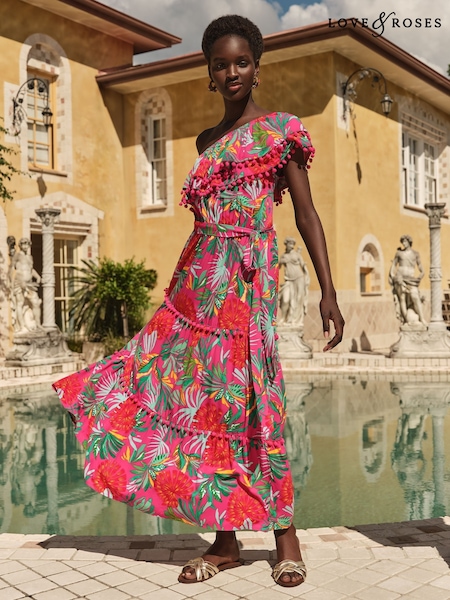 Love & Roses One Shoulder Ruffle Midi Dress (AY0798) | 484 LEI