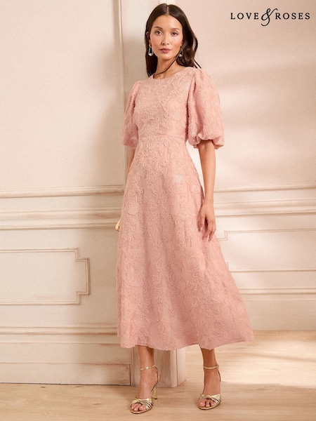 Love & Roses Textured Puff Sleeve Crew Neck Midi Dress (AY0815) | 961 LEI