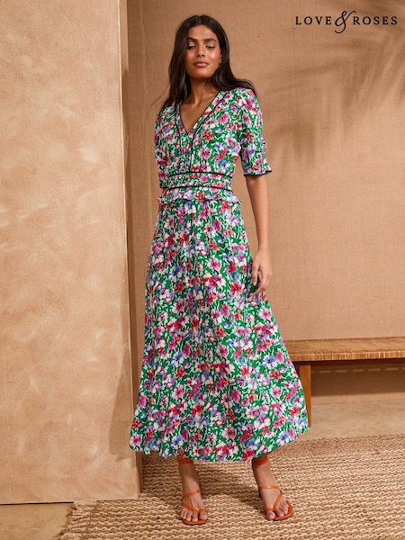 Verde cu flori - Rochie midi Love & Roses Peplum Tea (AY0848) | 484 LEI