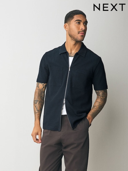 Navy Blue Textured Zip Through Polo Shirt (AY0861) | €42