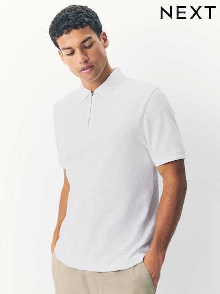 White Textured Zip Neck Polo Shirt (AY0865) | 129 QAR