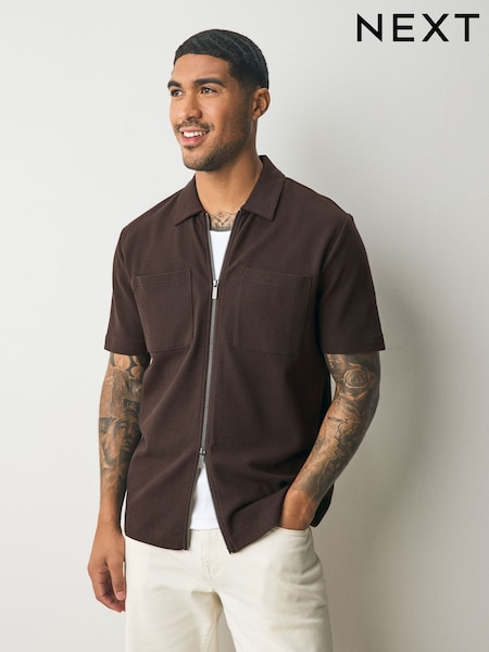 Brown Textured Zip Through Polo Shirt (AY0867) | R$ 305