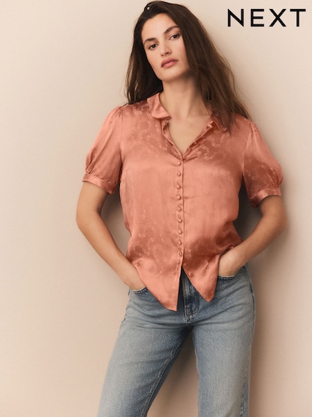 Бледно-розовый - Jacquard Peter Pan Collar Puff Sleeve Satin Blouse (AY1295) | €41