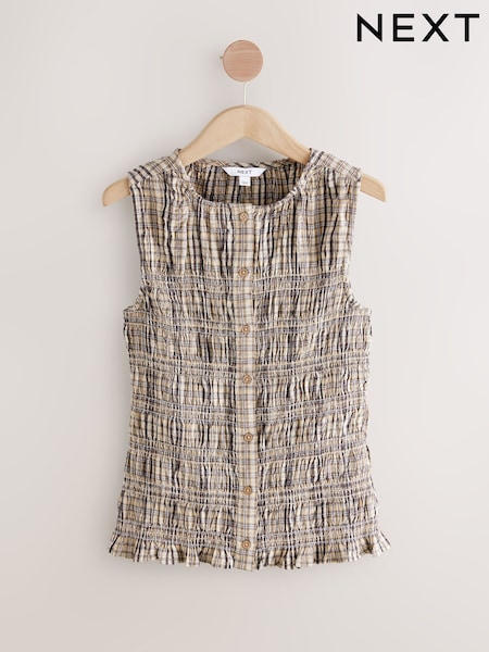 נייטרלי משבצות - Sleeveless Button Down Smock Top (AY1299) | ‏100‏₪