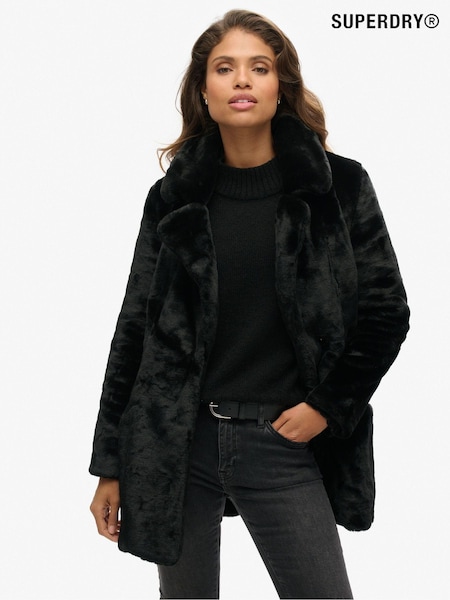 Superdry Black Fur Vintage Mid Faux Fur Coat (AY1315) | €64