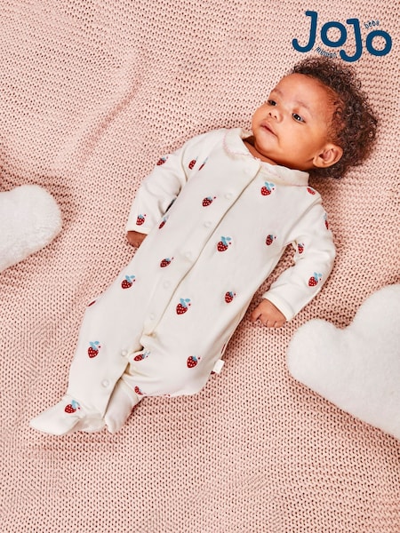 JoJo Maman Bébé Cream 100% Organic Cotton Strawberry Embroidered Sleepsuit (AY1372) | €34