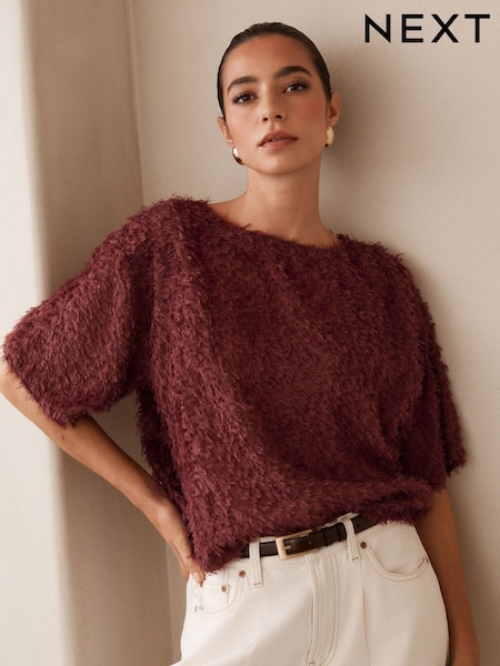 Chocolate Brown Textured Fringe Short Sleeve Crew Neck Top (AY1437) | €43.50