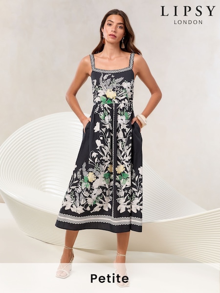 Lipsy Black Petite Floral Placement Print Square Neck Poplin Midi Dress (AY1450) | R$ 585