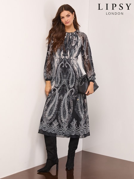 Lipsy Black/White Long Sleeve Gathered Waist Midi Dress (AY1456) | €95
