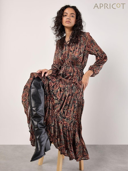Apricot Black Painterly Metallic Thread Paisley Midaxi Dress (AY1481) | €69