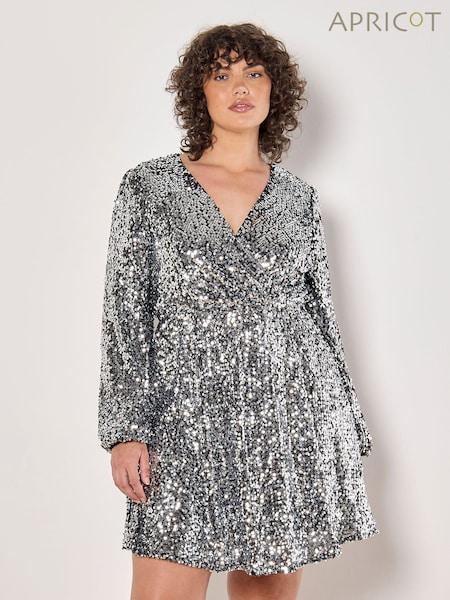 Apricot Grey Sequin Faux Fur Wrap Puff Sleeves Dress (AY1486) | €41.50