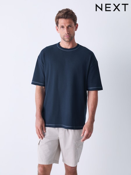 Blue Contrast Stitch Textured T-Shirt (AY1573) | 89 QAR