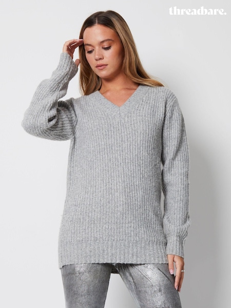 Gri - Threadbare V-Neck Knitted Jumper (AY1592) | 146 LEI