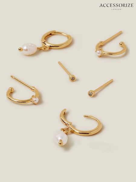 Accessorize 14ct Gold Plated Pearl and Stud Hoop Earrings 3 Pack (AY1926) | €28
