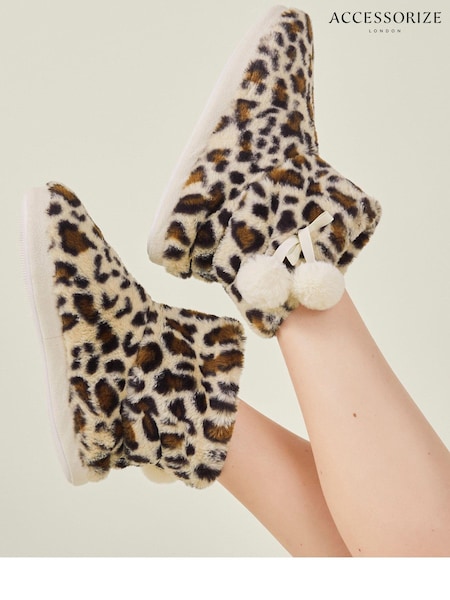 Accessorize Animal Faux Fur Leopard Print Boot Slippers (AY1944) | ₪151