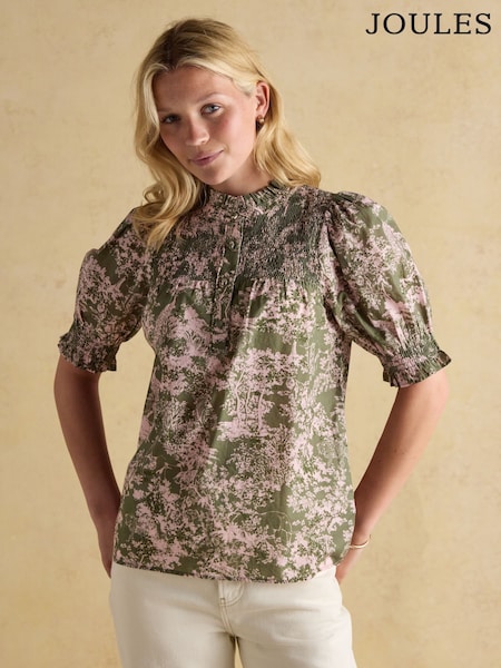 Verde - Joules Silvia Frill Neck Smocked Blouse (AY1996) | R$ 445