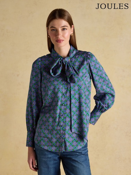 Joules Tabby Blue/Green Tie Neck Long Sleeve Blouse with Button Fastening (AY2005) | €86