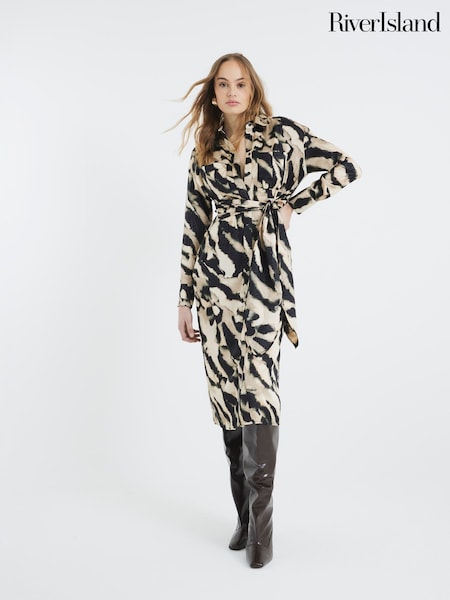 River Island Cream Tie Front Shirt Midi Dress (AY2016) | 277 QAR