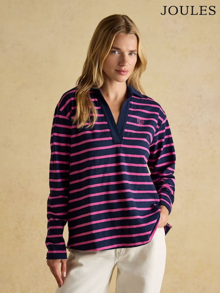 Joules Tallie Navy/Pink Combed Cotton Slub Collared Top (AY2045) | 193 QAR