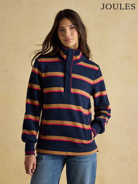 Burnham Navy/Tan Stripe Cotton Funnel Neck Quarter Zip Sweatshirt (AY2080) | R$ 690