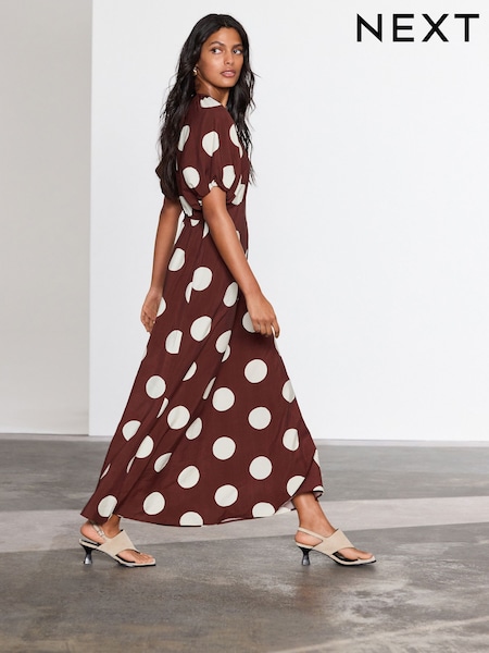 Chocolate Brown Spot Print Puff Sleeve Midi Dress (AY2139) | OMR19