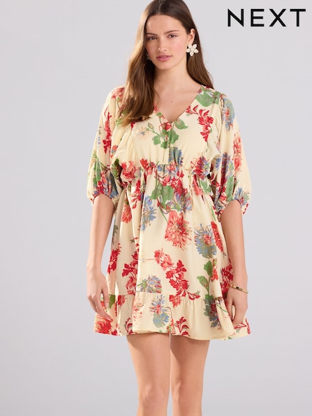 Ecru/Cream & Red Floral Volume Sleeve Tie Mini Dress (AY2140) | 1,060 UAH