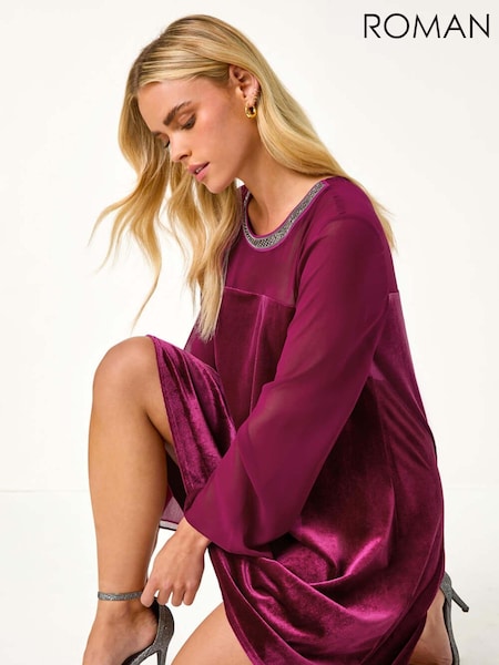 Roman Pink Petite Neck Trim Velvet Dress (AY2207) | €77