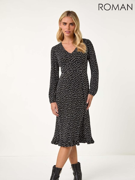 Roman Black Petite Plisse Spot Frill Dress (AY2213) | €53
