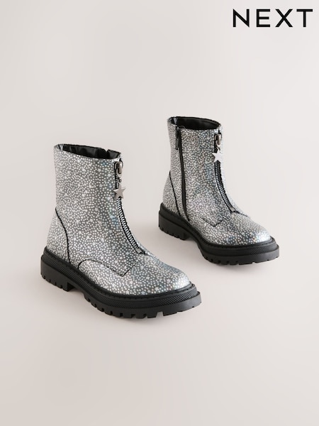 Silver Metallic Stars Standard Fit (F) Zip Front Ankle Boots (AY2254) | 144 QAR - 178 QAR