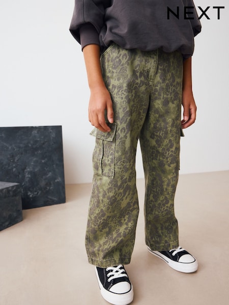 Green Leopard Wide Leg Cargo Jeans (3-16yrs) (AY2438) | €29 - €36