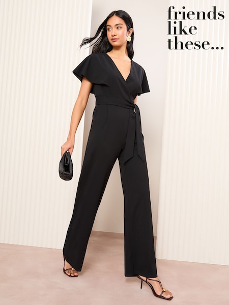 Negro - Friends Like These Short Frill Sleeve Scuba Wrap Jumpsuit (AY2450) | 74 €