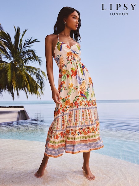 Lipsy White Tropical Print Cami Halter Ruched Midi Dress (AY2461) | €67