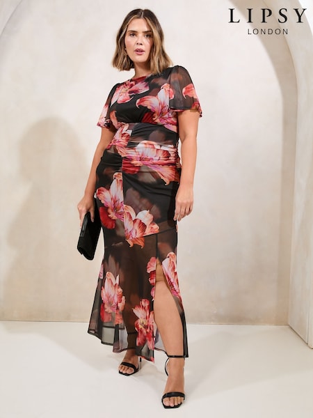 Lipsy Black Curve Floral Print Mesh Short Sleeve Ruched Underbust Fit and Flare Midi Dress (AY2463) | kr842