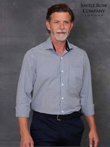 The Savile Row Company Blue 100% Cotton Stripe Classic Fit Smart Casual Shirt (AY2510) | €73