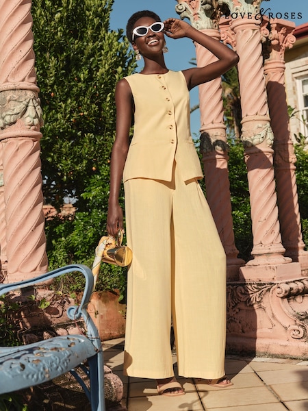 Alb-gălbui - Love & Roses Side Stripe Trousers With Linen Wide Leg (AY2769) | 313 LEI