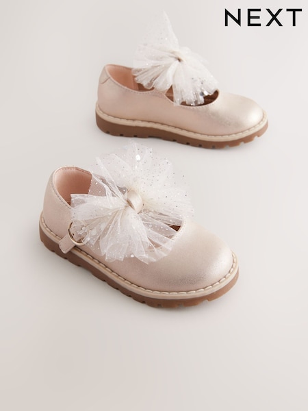 Champagne Gold Wide Fit (G) Chunky Bow Mary Jane Shoes (AY2781) | €27 - €30