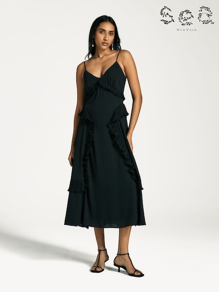 Sea New York Black Delilah Pleated Cupro Ruffled Slip Dress (AY2867) | €623