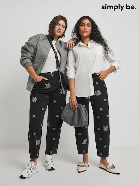 Simply Be Black Embroidered Barrel Jeans (AY2878) | 208 LEI