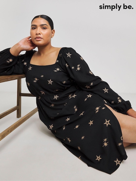 Simply Be Black 100% Cotton Embroidered Viscose Star Dress (AY2886) | €31