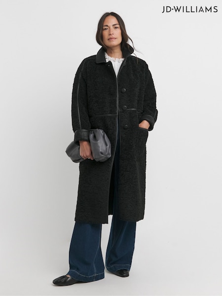 JD Williams Black Longline Teddy PU Contrast Coat (AY2900) | €49