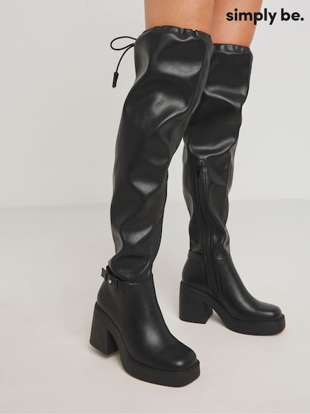 Simply Be Black Over The Knee Platform Heeled Stretch Boots In Extra Wide Fit (AY2901) | AED180