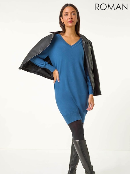 Azul petróleo - Roman Knitted Jumper Dress (AY3072) | R$ 510