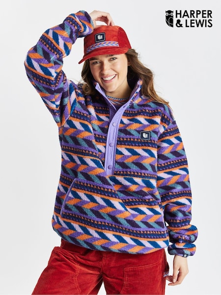 Harper & Lewis Purple Charlie Retro Pattern Popper Neck Sherpa Fleece (AY3115) | AED218